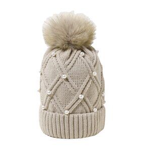 2/$30 Beige Stylish Knit Beanie with Faux Fur Pom-Pom & Pearl Embellishments